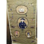 Two Hessian panels commemorating H.M.S. Victory and another similar, British Monarchs and