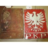 Two Polish railway cast iron plaques, each with relief moulded spread eagle design and cast P.K.P.