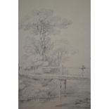 S.S. Munn, pencil drawing, river scene with a wooden footbridge, signed and dated 1822, 9ins x 8ins,