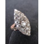 Antique 18ct gold and diamond set ring, the marquise head set twenty one graduated stones, the shank