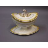 Late 18th or early 19th Century Pearlware sauce tureen and cover decorated with bands of beige and