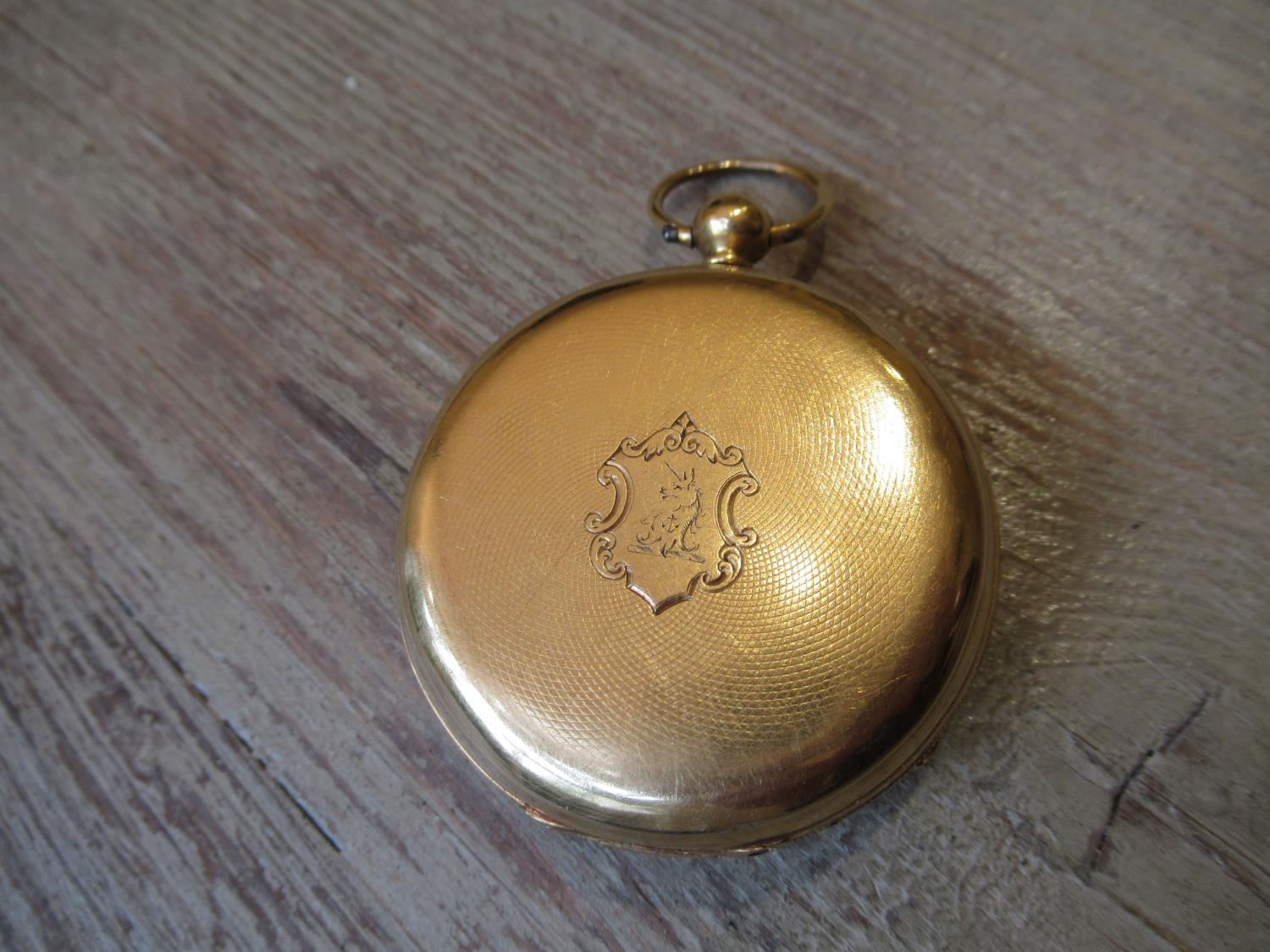 18ct Gold cased open face pocket watch, the enamel dial with Roman numerals and subsidiary - Image 4 of 5