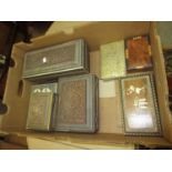 Collection of various Indian sandalwood mosaic inlaid and other boxes