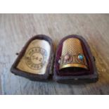 Victorian 15ct gold turquoise and coral set thimble in original fitted case Some light scratching