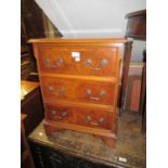 Pair of reproduction walnut three drawer bedside tables Some slight scuffs from use but generally in