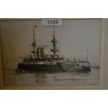 Alma Cull, watercolour portrait of H.M.S. Jupiter, signed and dated '98, 5ins x 7.5ins, gilt framed