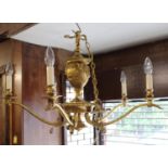 20th Century gilt brass five branch chandelier with rams head decoration 26in diameter x 20in high