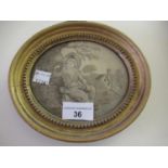 Pair of small oval gilt framed hair work pictures of a boy and girl in a landscape, 4.25ins x