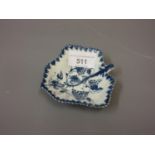 18th Century blue and white pickle dish of leaf form painted with a grape design, possibly Lowestoft