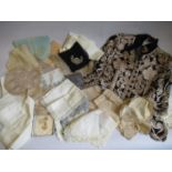 Quantity of Victorian and Edwardian lace, crochet and silkwork, a floral embroidered silk ladies