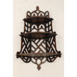 Mahogany three shelf Gothic style corner wall bracket