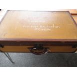 Early Louis Vuitton yellow canvas covered suitcase with lozine trim and brass fittings, the