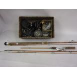 Collection of twelve various split cane Greenheart and glass fibre fishing rods together with nine