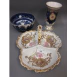 French porcelain trefoil dish, a Royal Worcester Millennium vase and a blue and white Willow pattern