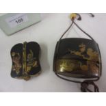 Two small Japanese black lacquered and chinoiserie gilded inro decorated with figures and birds (one