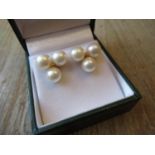 Pair of 14ct gold and cultured pearl triple cluster earrings