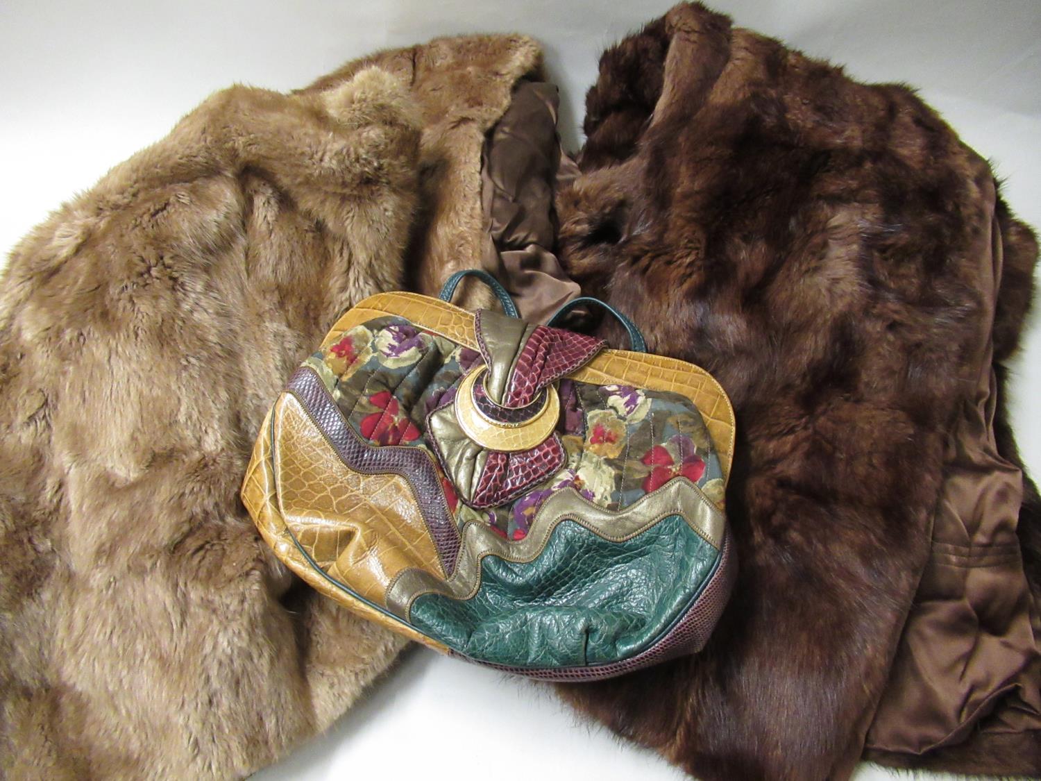 Ladies handbag by Sharif, U.S.A. together with various fur coats, fur stoles and a cream floral - Image 2 of 2