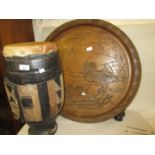 African native drum together with a Japanese carved circular tray top occasional on a folding stand