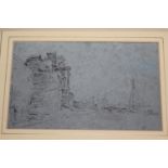 Style of Eugene Boudin, pencil drawing on blue paper, beach scene with boats below a quay, 6ins x