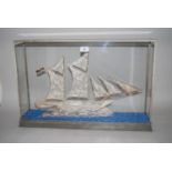 Large Indonesian silver filigree model of a sail boat in glazed case