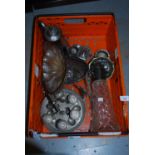 Box containing a quantity of various silver plated items including a claret jug etc