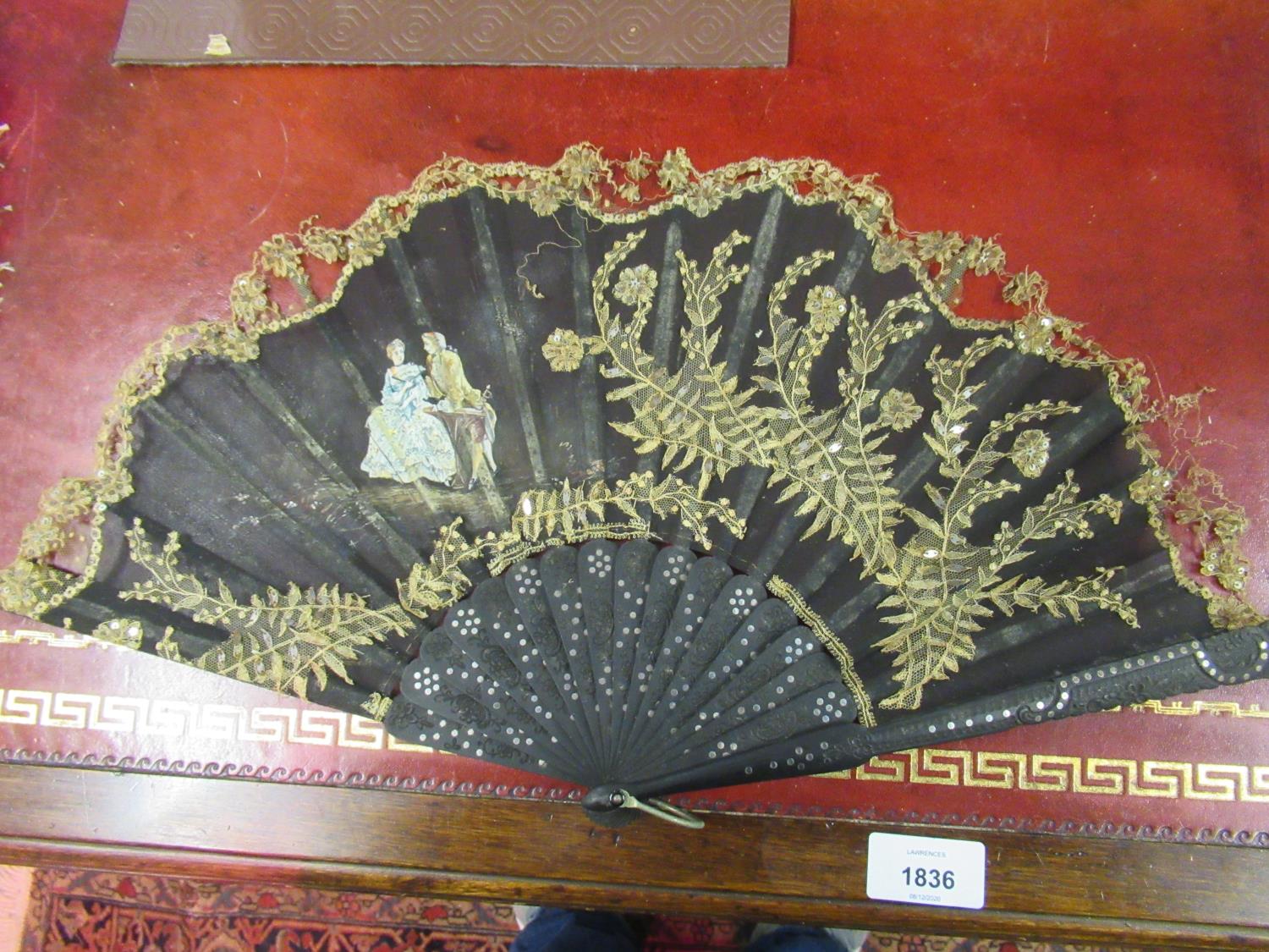 Ostrich feather fan, mother of pearl and feather fan, a black lace fan, together with an ivory and - Image 10 of 15