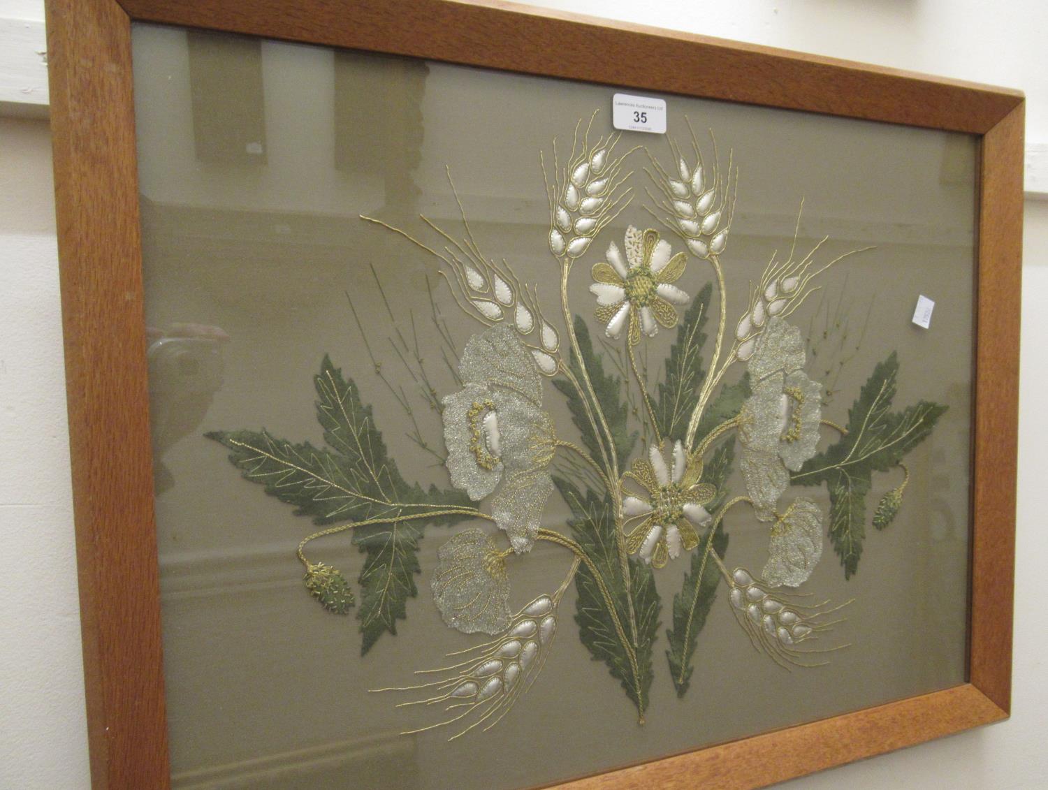 Large silk and gold braid floral design needlework circa 1950, framed