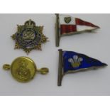 9ct Gold Royal Army Service Corps enamel decorated brooch together with two enamel decorated