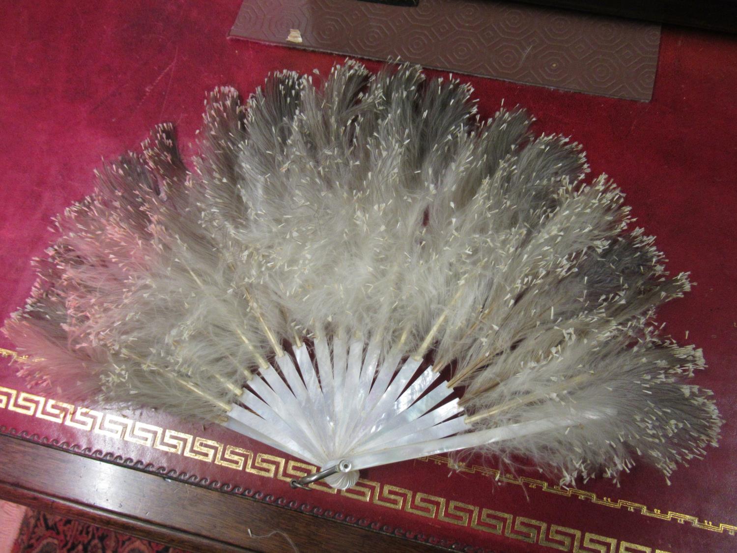 Ostrich feather fan, mother of pearl and feather fan, a black lace fan, together with an ivory and - Image 14 of 15