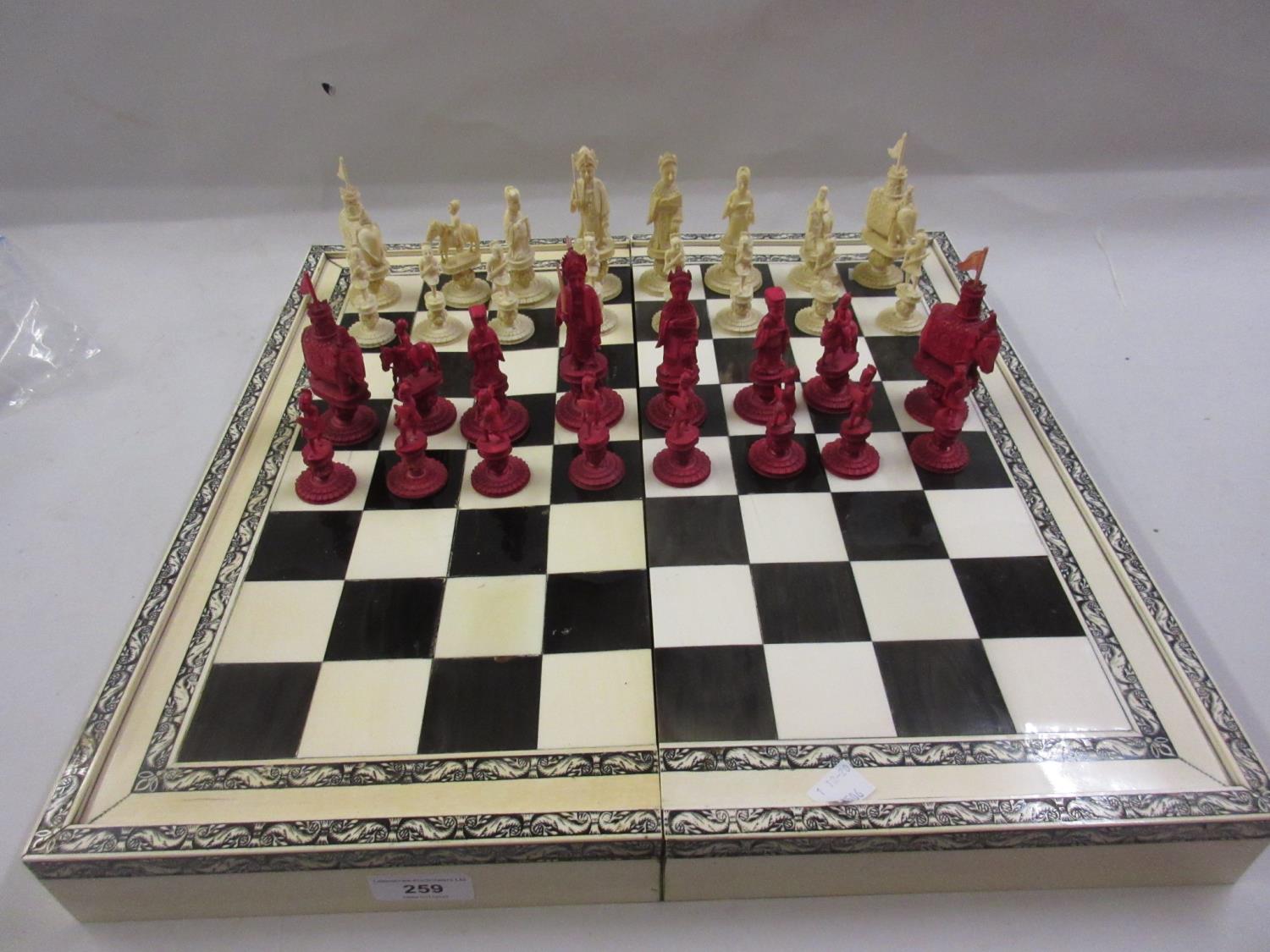 19th Century Vizagapatam ivory and horn folding chessboard / backgammon board, together with a