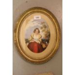 19th Century over painted portrait print of a girl in a landscape, oval gilt framed, 8ins x 6ins