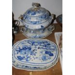 19th Century Ridgeway blue and white transfer printed tureen, cover and stand together with a