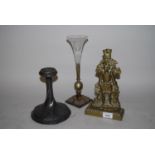 Antique brass door stop in the form of a huntsman, an Art Nouveau pewter tazza base and a silver