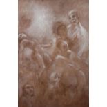 Dennis Gilbert, two unframed oils on canvas, group of figures at sunset (signed verso) and a study