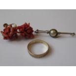 9ct Gold wedding band , bar brooch and a pair of coral earrings