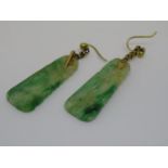 Pair of gold mounted rectangular carved jade drop earrings