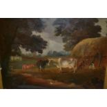 19th Century primitive oil on panel, study of cattle, figures and horse in a landscape with