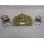 Two square glass inkwells together with a brass inkstand 5cm x 5cm base x 7cm tall 6cm x 6cm base