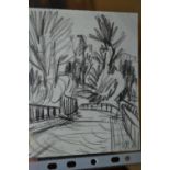 Michael Andrews, charcoal on paper, study of bridge and trees, signed with initials M.A., 4.75ins