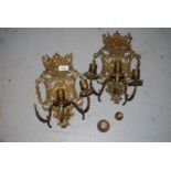 Pair of French brass three branch candle wall sconces (at fault) Overall height about 12ins. One has