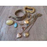 Gold plated bracelet, similar buckle, various lockets and sundries