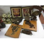 Small quantity of Batik printing blocks, modern oriental figure of a warrior battling a dragon,