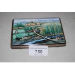 Middle Eastern white metal and enamel cigarette case, the lid decorated with an extensive landscape,