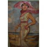 20th Century oil on board, full length portrait of a lady in evening dress with pink hat, in a