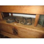 Pair of antique oak bellows, an iron saddle rack, copper warming pan, various walking canes and a