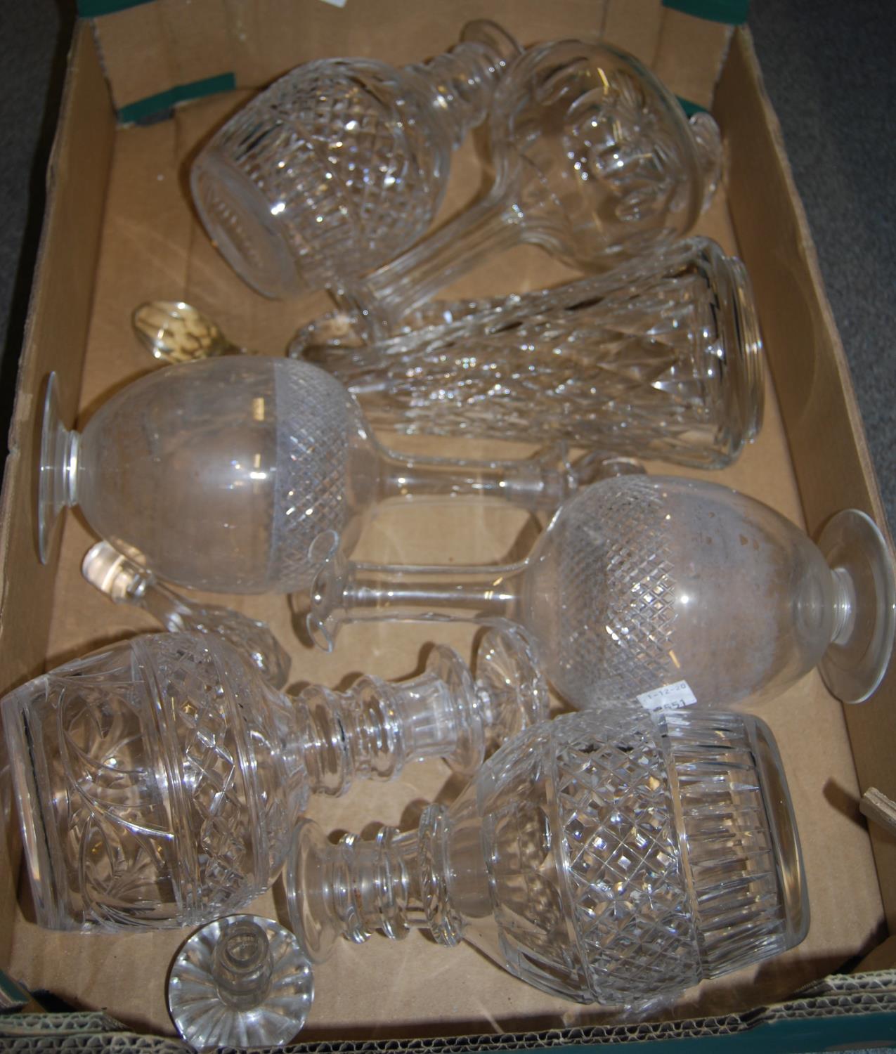 Pair of Georgian hobnail cut glass decanters with mushroom stoppers, another similar decanter, a