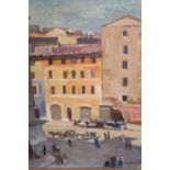 Pierre Favre, signed oil, figures in a Continental town, inscribed verso ' Marseilles 1943 ',