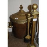 Edwardian brass and copper coal bin, companion set, various horse brasses and a warming pan