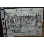 Michael Andres, charcoal on paper, possibly a view of a railway turntable, signed with initials M.