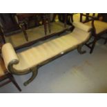 20th Century Regency style faux wood painted window seat with scroll ends, beige stripe upholstery